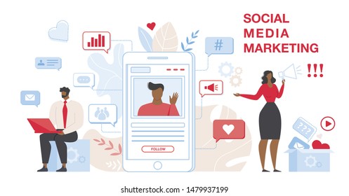 Social Media Marketing Horizontal Banner. Financial Analytic Company Working Process in Office, Business People Planning, Analyzing Statistics Data, Doing Presentation Cartoon Flat Vector Illustration