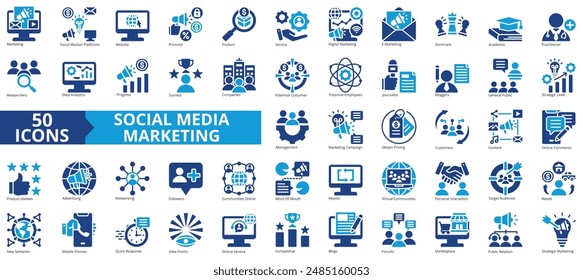 Social media marketing icon collection set. Containing website, promote, product, service, digital, e-marketing, dominant icon. Simple flat vector.