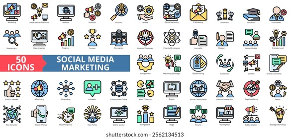 Social media marketing icon collection set. Containing website, promote, product, service, digital, e-marketing, dominant icon. Simple flat outline vector illustration