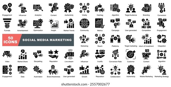 Social Media Marketing Icons Collection contains Metrics,Campaign,Video,Market Share,Marketing,Customers,Loyalty,Platform,Authenticity,Growth,Metrics Icons Simple Illustration