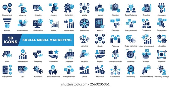 Social Media Marketing Icons Collection contains Metrics,Campaign, Video,Market Share, Marketing, Customer,Loyalty, Platforms,Authenticity,Growth,Metric Icons Simple Illustration