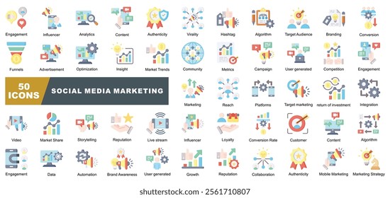 Social Media Marketing Icons Collection contains Metrics,Campaign, Video,Market Share, Marketing, Customer,Loyalty, Platforms,Authenticity,Growth,Metric Icons Simple Illustration