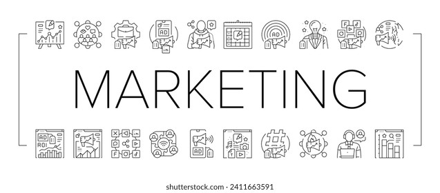 social media marketing icons set vector. network business, communication online, web phone, internet mobile, strategy digital social media marketing black line illustrations