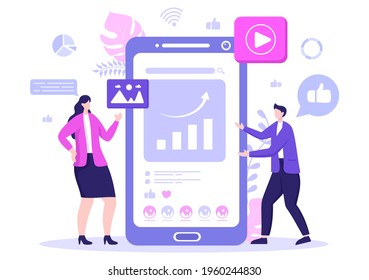 Social Media Marketing Illustration For Advertising Online Service Platform, Online Course, Analytic, Ad Management Software, Website 