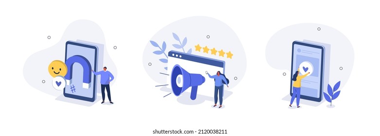 Social media marketing illustration set. Characters integrating with audience on social media platform and using marketing strategy to increase followers. Vector illustration.
