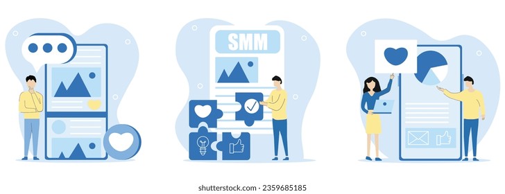 Ilustración de marketing en medios sociales. Los personajes piensan en aumentar el público objetivo, usar una estrategia de marketing, analizar el crecimiento de seguidores, me gusta y comentarios.Ilustración vectorial.