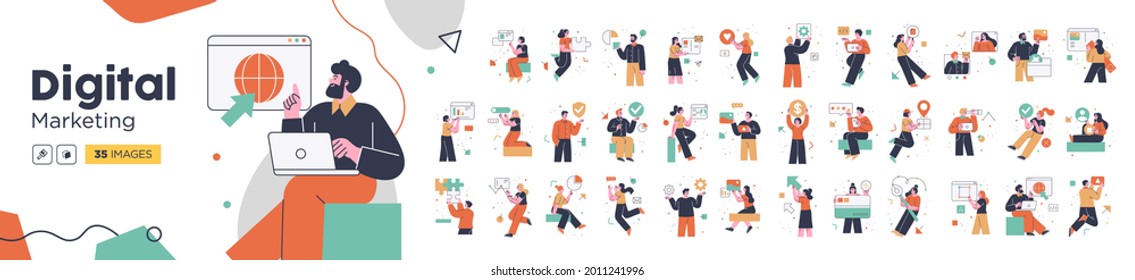 Illustrationen für Social Media-Marketing. Mega-Set. Kollektion von Szenen mit Männern und Frauen, die an Geschäftstätigkeiten teilnehmen. Trendvektor-Stil