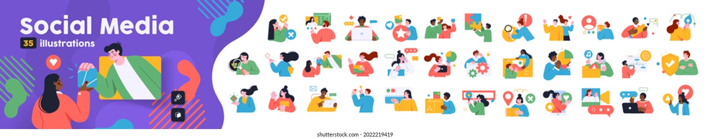 Social Media Marketing illustrations. Mega set. Collection of scenes with men and women taking part in business activities. Trendy vector style - Shutterstock ID 2022219419