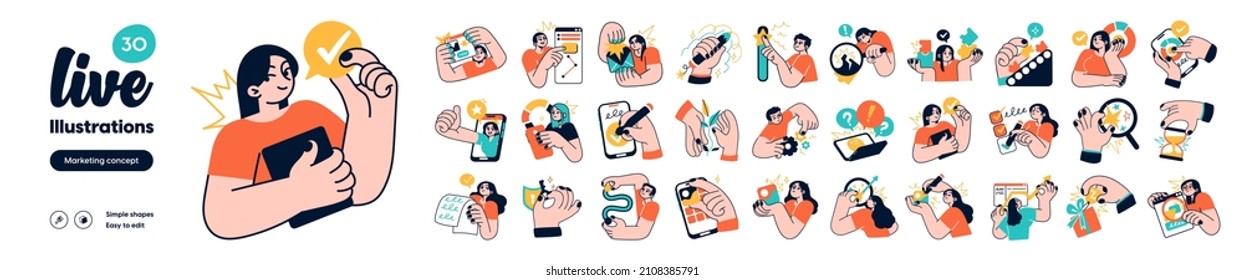 Social Media Marketing illustrations. Mega set. Collection of scenes with men and women taking part in business activities. Trendy vector style - Shutterstock ID 2108385791