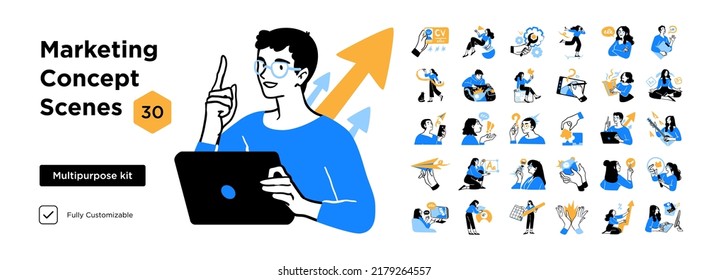 Social Media Marketing illustrations. Mega set. Collection of scenes with men and women taking part in business activities. Trendy vector style - Shutterstock ID 2179264557