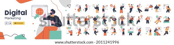 Social Media Marketing illustrations. Mega set.\
Collection of scenes with men and women taking part in business\
activities. Trendy vector\
style