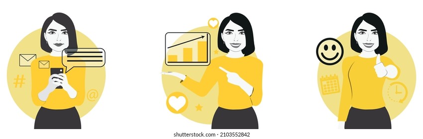 Social media marketing illustrations. set. Collection of scenes with men and women participating in commercial activities