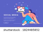 Social media marketing and increasing audience. Flat vector concept illustration of smiling woman sitting on the floor with laptop and browsing networks for chatting and getting likes and hearts