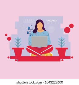 Social media marketing and increasing audience. Flat vector concept illustration of smiling woman sitting on the floor with laptop and browsing networks for chatting and getting likes