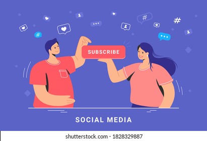 Social media marketing and increasing subscribers. Flat vector concept illustration of smiling woman and man standing together and pushing the red button to stay informed about recent news and updates