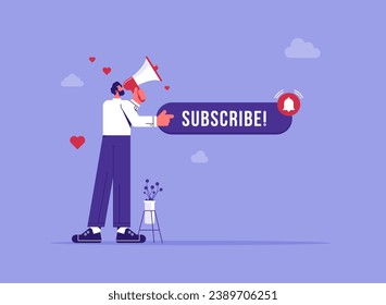 Social media marketing and increasing subscribers concept, businessman with loudspeaker tells his audience news