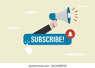 Social media marketing and increasing subscribers concept. Call to action in online advertising, attention message for users. Businessman hand uses loudspeaker tells his audience news. flat vector
