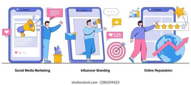 Social media marketing, influencer branding, online reputation concept with character. Business visibility abstract vector illustration set. Viral campaigns, brand recognition, digital presence.