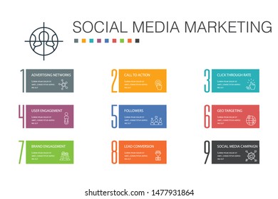 Social Media Marketing Infographic 10 option line concept. User Engagement, Followers, Call To Action, Lead conversion simple icons