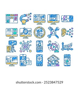 social media marketing internet doodle icons set vector. sketch line art communication network, digital business, web technology, chat, phone computer mobile social media marketing color illustrations