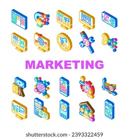 social media marketing internet icons set vector. communication network, digital business, web technology, chat, phone computer mobile social media marketing internet isometric sign illustrations