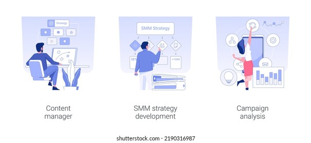 Social media marketing isolated concept vector illustration set. Content manager, SMM strategy development, campaign analysis, digital marketing strategy, internet advertising vector cartoon.