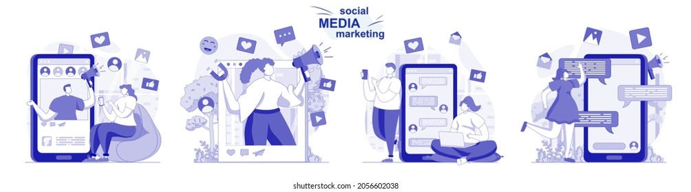 Social media marketing isolated set in flat design. People develop promotion strategy, advertising, collection of scenes. Vector illustration for blogging, website, mobile app, promotional materials.