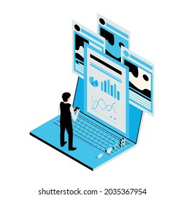 Social media marketing isometric icon with business diagrams on laptop and human character vector illustration