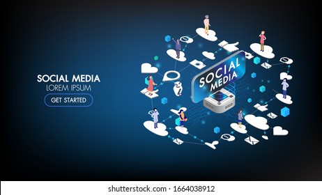 Social media marketing isometric landing page with character.Advertising info concept.Vector website template with 3d illustrator strategy, line art, landing page.