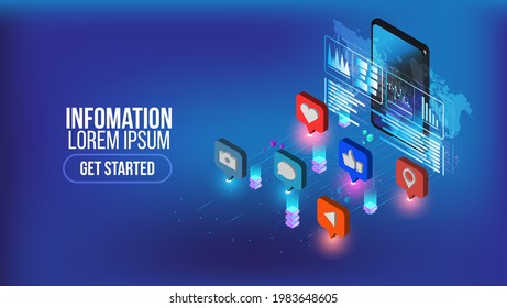 Social media marketing isometric landing page with character.Advertising info concept.Vector website template with 3d illustrator strategy, line art, landing page.