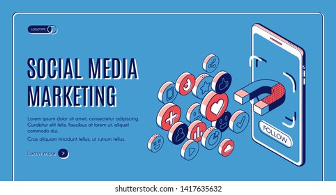 Social Media Marketing Isometric Web Banner. Influencer Concept With Magnet Attracting Likes, Feedbacks And Followers From Smartphone Screen. Smm Strategy, Campaign 3d Vector, Line Art, Landing Page