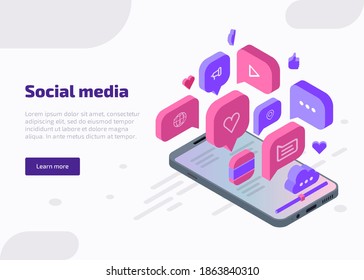 Social media marketing isometric web banner, landing page template. Influencer concept with like, chat, video, music, heart, cloud, internet icons from smartphone screen. 3d vector illustration.