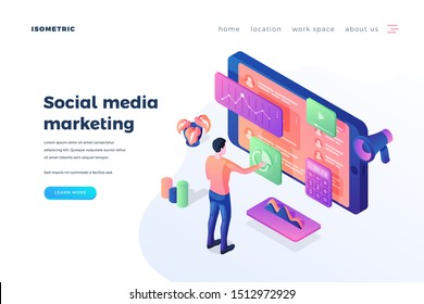 Social media marketing landing page vector template. Modern internet promotion service website homepage interface idea with isometric illustrations. SMM management web banner 3D cartoon concept