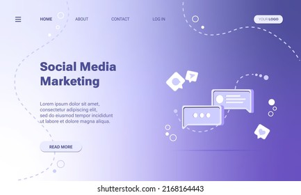 
Social media marketing landing page template. Concept of network advertising, internet marketing. Vector illustration of smm with isometric message bubble with icons for social media app
