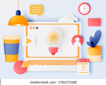 Social media marketing laptop concept with cute pastel color scheme and paper art style