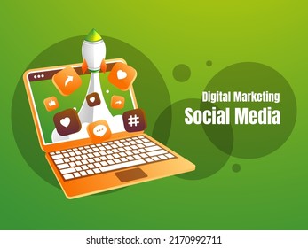 Social Media Marketing With Laptop And Rocket Social Media Marketing Concept