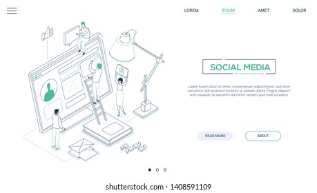 Social media marketing - line design style isometric web banner on white background with copy space for text. A header with male, female SMM specialists, images of computer monitor, lamp, book, chats