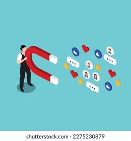 Social media marketing - man with magnet and social media icons 3d isometric vector illustration concept for banner, website, landing page, ads, flyer template