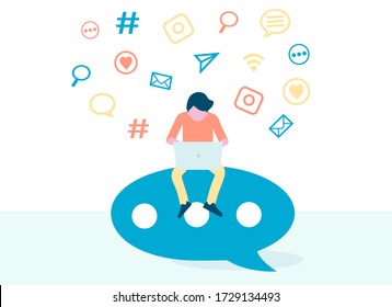 Social media marketing, management, SMM, digital promotion and blogging vector concept in flat design. Man promoting social networks.