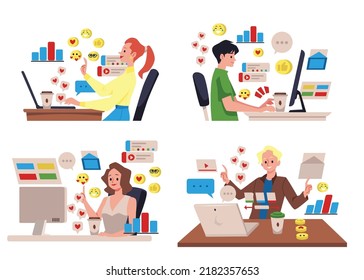 Social Media marketing managers set. Digital marketing professionals taking part in business activities, flat vector illustration isolated on white background.