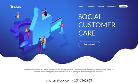 Social Media Marketing Managers And Specialist Working And Thumb Up. Social Media Marketing, Social Customer Care, SMM For Business Growth Concept. Isometric 3D Website App Landing Web Page Template