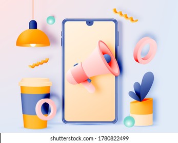 Social media marketing mobile phone concept with cute pastel color scheme and paper art style