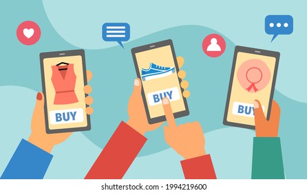 Social media marketing mobile phone with people holding smartphone. Online shopping via mobile app.