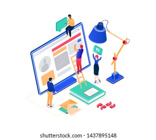 Social Media Marketing - Modern Colorful Isometric Vector Illustration On White Background. Composition With Male, Female Colleagues, SMM Specialists, Images Of Computer Monitor, Lamp, Book