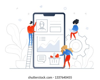 Social media marketing - modern flat design style colorful illustration on white background. A composition with cute smm specialists at the smartphone with a profile on the screen, collecting likes