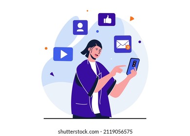 Social media marketing modern flat concept for web banner design. Woman manages blog using mobile app, publishes content and makes promotional posts. Vector illustration with isolated people scene