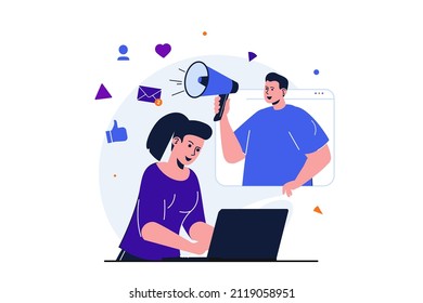 Social media marketing modern flat concept for web banner design. Man with megaphone attracts new customers, woman promotes online while works on laptop. Vector illustration with isolated people scene