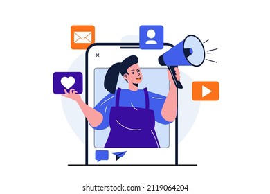 Social media marketing modern flat concept for web banner design. Woman with megaphone attract new customers or followers to blog using creative content. Vector illustration with isolated people scene