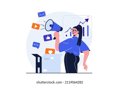 Social Media Marketing Modern Flat Concept For Web Banner Design. Woman Marketer Makes Online Advertising Campaign, Creates And Publishes Ad Content. Vector Illustration With Isolated People Scene