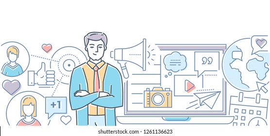 Social media marketing - modern line design style illustration on white background. Colorful composition with a male SMM specialist, laptop, globe, megaphone, like buttons, calendar, camera, quote